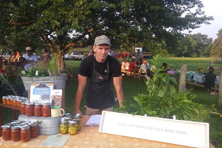Jon Roesser at a Weavers Way Farm Dinner at Henry Got Crops Farm at Saul Agricultural High School in the summer of 2018.