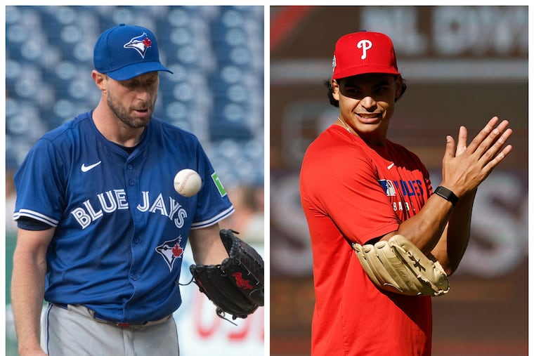Blue Jays veteran pitcher Max Scherzer (left) has become a mentor of sorts during the offseason for Phillies left-hander Jesus Luzardo.