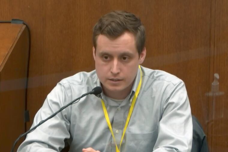 In this image from video, witness Dr. Bradford Wankhede Langenfeld, the doctor who pronounced George Floyd dead, testifies.