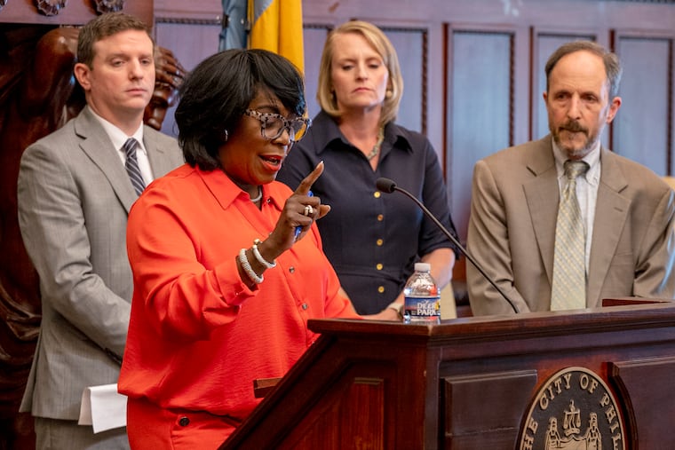 In this 2024 file photo, Mayor Cherelle L. Parker and her finance team stand during a news conference at City Hall. Behind her from left are James Aros, Jr., Chief Assessment Officer at the Office of Property Assessment; Revenue Commissioner Kathleen McColgan; and Finance Director Rob Dubow.
