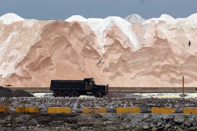 Road salt is piled high at the International Salt Co. facility at the former U.S. Steel plant in Fairless Hills. The salt works is one of dozens of companies that have used the site, along with a U.S. Steel galvanizing plant, since the company's steelmaking operations closed in the 1990s. Local officials say there's room for much more.