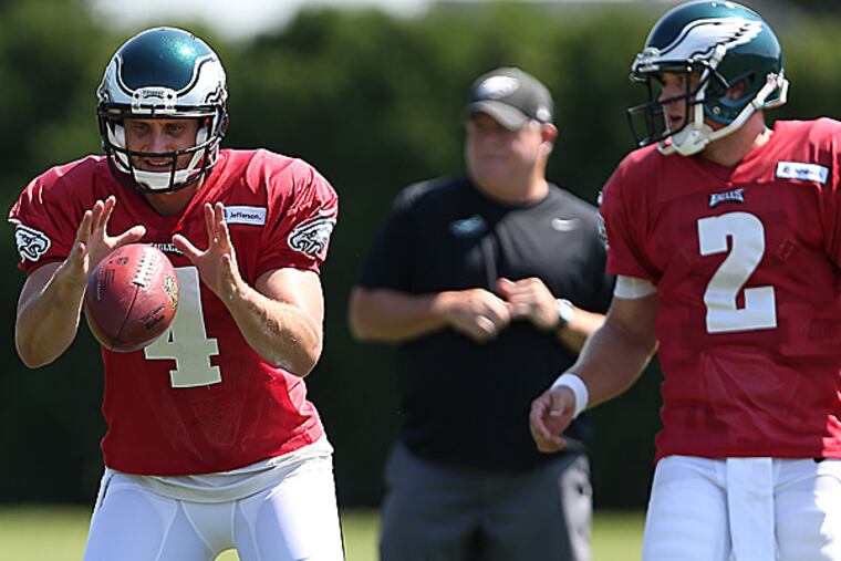 Eagles quarterbacks G.J. Kinne and Matt Barkley. (David Maialetti/Staff Photographer)