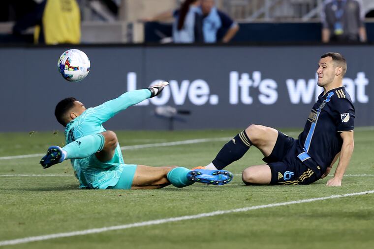 Dániel Gazdag, right, of the Philadelphia Union tries to score against Drake Callender of the Inter Miami during their game on May 18, 2022, at Subaru Stadium in Chester, PA.