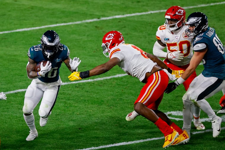 Running back Miles Sanders was quiet in the Super Bowl before signing with Carolina this offseason.