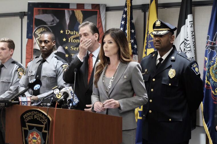 Former Attorney General Kathleen Kane, on April 22, 2016, announcing arrests tied to an investigation of a trafficking organization that sold cocaine in and around a Chester housing development. One of its participants, Anthony Reaves, was fatally shot in Philadelphia on July 31, 2017.