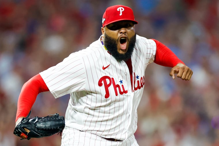 José Alvarado celebrates after striking out the Marlins’ Yuli Gurriel to end the seventh inning in Game 1 of an NL wild-card series at Citizens Bank Park on Tuesday.