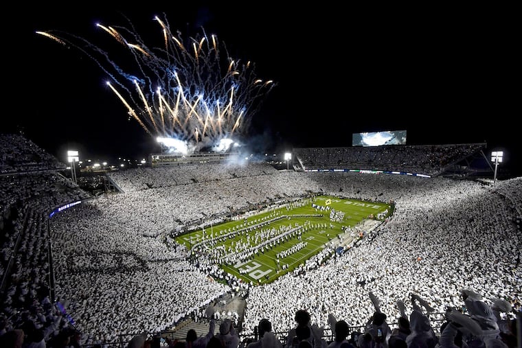 Fireworks and cheers welcome the Penn State football team onto the field for the White Out game against Michigan on Oct. 19, 2019. The White Out will return this year to Beaver Stadium now that the university will return to full capacity at all athletic venues.