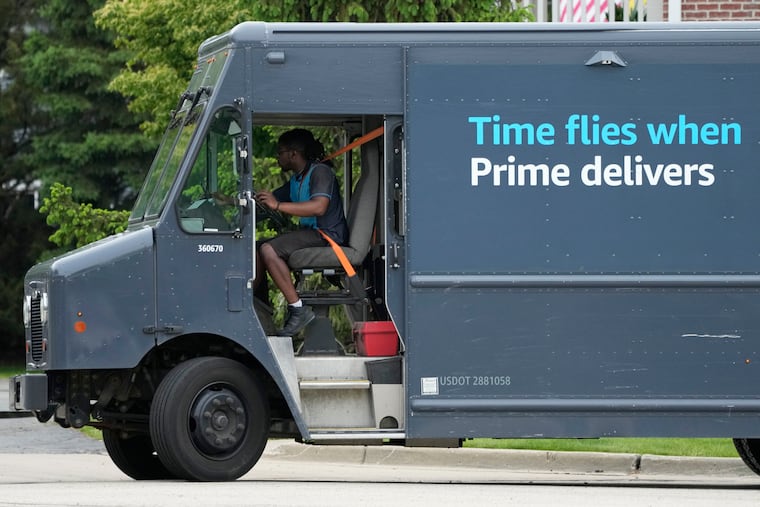 An Amazon truck makes deliveries in Wheeling, Ill., in 2024. The company now has 3-hour delivery for a $4.99 charge for Amazon Prime members, $14.99 for nonmembers.