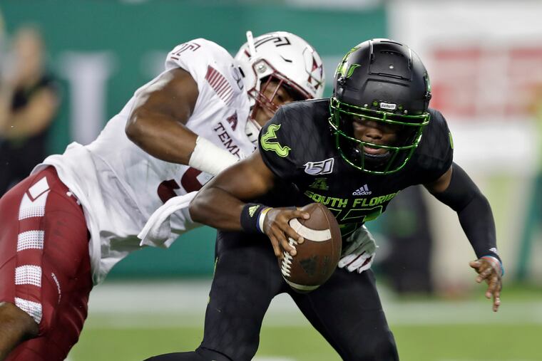 Temple defensive end Quincy Roche pressuring South Florida quarterback Jordan McCloud (12) last week.