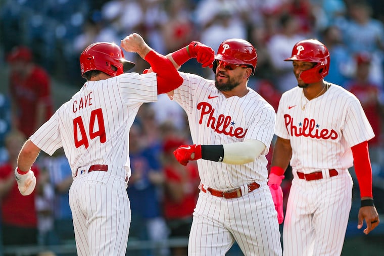 Philadelphia Phillies left fielder Kyle Schwarber celebrates his second homerun of the game in the fourth inning of the first game of a doubleheader against the Washington Nationals at Citizens Bank Park in Philadelphia on Tuesday, Aug. 8, 2023.