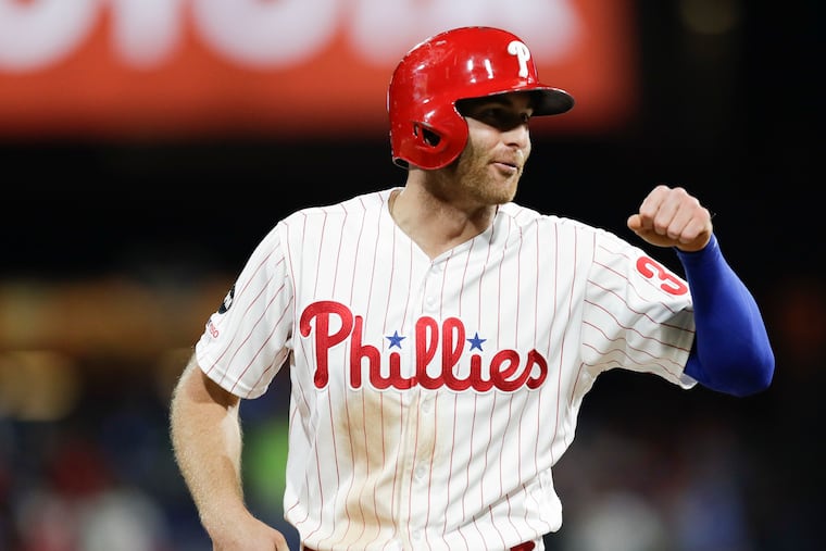 Phillies Brad Miller pumps his fist against the Pittsburgh Pirates in 2019.