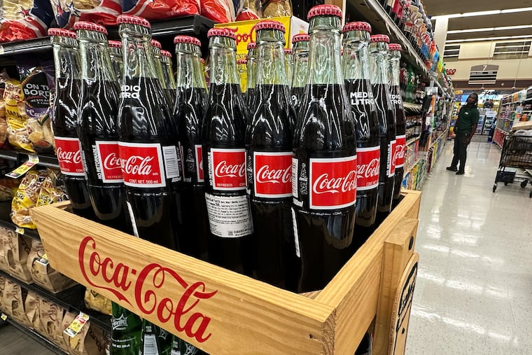 Bottles of Mexican Coca-Cola at a grocery store in Mount Prospect, Ill., on Thursday, July 17, 2025.