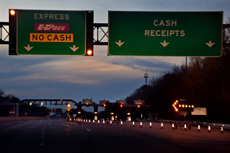 The "cash" lanes at the Mays Landing tolls on the Atlantic City Expressway are closed and traffic is being directed into the "E-ZPass only" lanes due to the coronavirus pandemic.