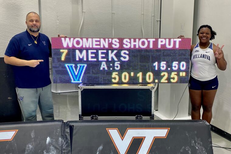 Sade Meeks set the Villanova shot put record last weekend at Virginia Tech. Meeks has broken the school records in both the shot put and the weight throw through her first three meets at the school.