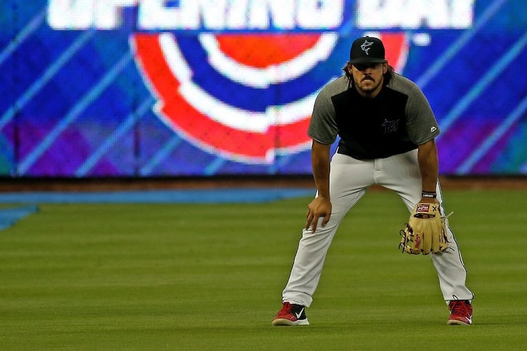 Miami Marlins catcher Jorge Alfaro (38) looks on during batting practice before the start of the Opening Day baseball game against the Colorado Rockies on Thursday, March 28, 2019 at Marlins Park in Miami, Fla. (David Santiago/Miami Herald/TNS)