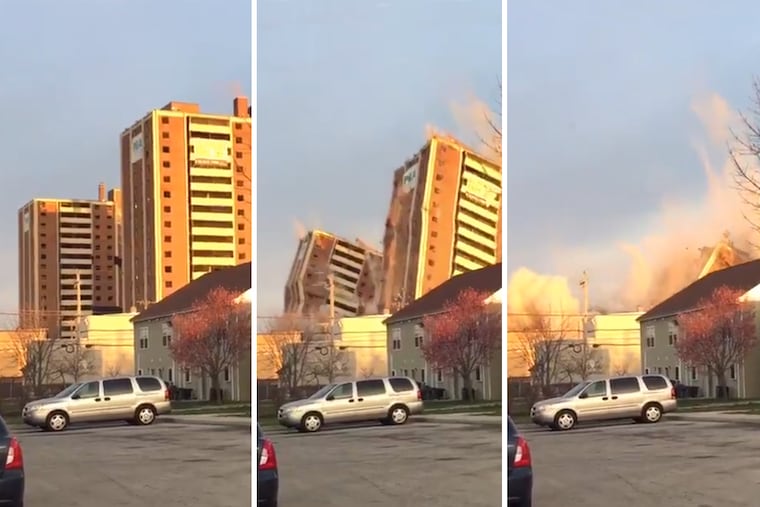 The Norman Blumberg Apartments - one of the city's most notorious housing projects - came tumbling down Saturday morning.