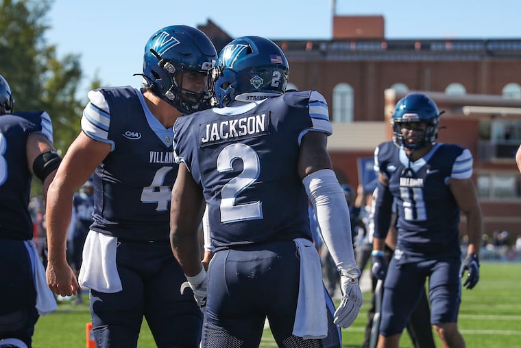 Villanova quarterback Connor Watkins (4) and running back Jalen Jackson (2), pictured during a game against Monmouth last season, notched another season-opening win on Saturday against Lehigh.