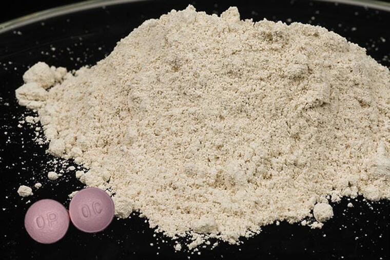 According to the lawsuit filed by a district attorney in California against five pharmaceutical makers, deceptive marketing of opioids (like OxyContin, seen at bottom left) has "triggered a resurgence" in the use of heroin, at right. (Philly.com illustration; source photos from DEA)