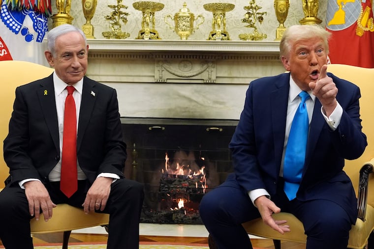President Donald Trump meets with Israeli Prime Minister Benjamin Netanyahu in the Oval Office on Tuesday. Trump’s endorsement of displacing Gaza’s population will embolden Netanyahu along with Israeli cabinet hard-liners who want to end the ceasefire in Gaza and annex the West Bank, writes Trudy Rubin.