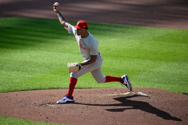 Phillies starter Taijuan Walker throws a pitch during a 6-2 loss to the Baltimore Orioles on Saturday.