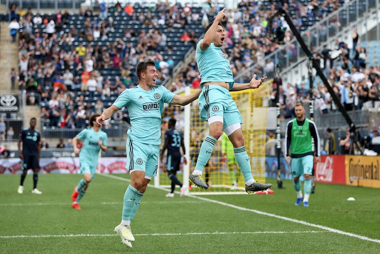 Alejandro Bedoya celebrates after scoring the goal that sealed the Philadelphia Union's 3-0 win over the Montreal Impact at Talen Energy Stadium.