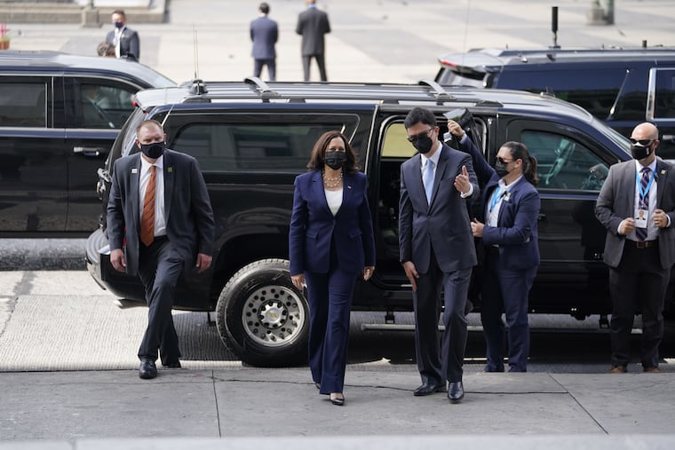 Vice President Kamala Harris (center) arriving at the Palacio Nacional de la Cultura in Guatemala City on Monday.