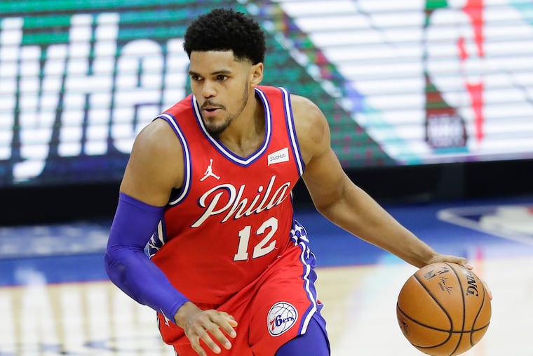 Sixers forward Tobias Harris dribbles the basketball against the Boston Celtics on Friday, January 22, 2021 in Philadelphia.