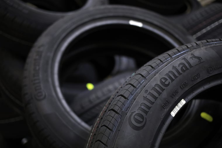 Automotive tires stacked at the Continental Tire distribution center in Sumter, S.C.