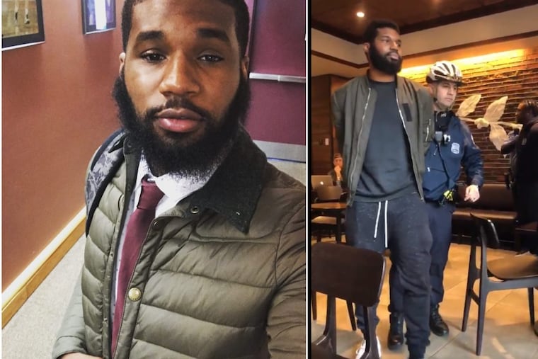 Rashon Nelson in a Facebook photo, left, and an image from a video of his arrest