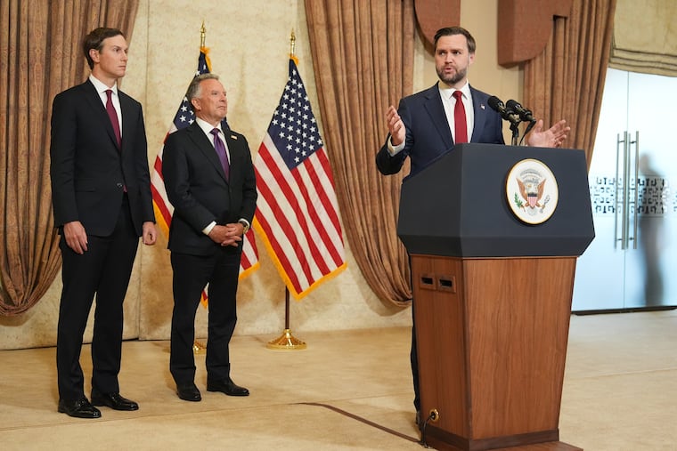Vice President JD Vance, right, speaks during a news conference in Islamabad, Pakistan Sunday after meeting with representatives from Pakistan and Iran. Jared Kushner, left, and Steve Witkoff listen.