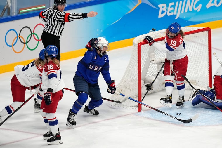 Hilary Knight (center) and the U.S. women's hockey team play Finland in the Olympics semifinals on Monday.