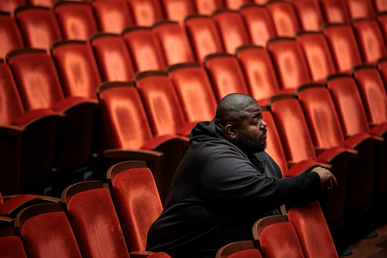 Tyshawn Sorey watches rehearsal of his piece, "For Marilyn Crispell" in Marian Anderson Hall at the Kimmel Center on May 13.