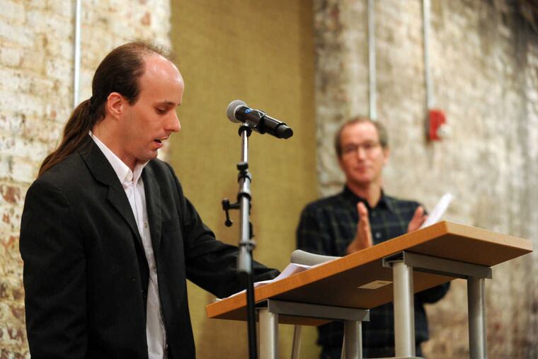 02/09/17 -- Baltimore, MD -- Sean Harrington speaks about his relationship with the late Elisif Brunn at the New Day Campaign gathering. Elisif's father, Peter Bruun, looks on
Special to the Inquirer / Colby Ware