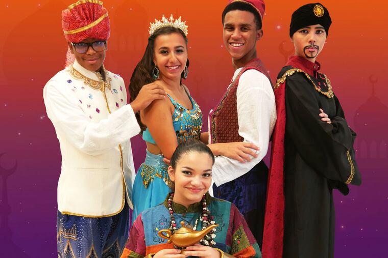 (Left to right:) Andre Brockenbrough, Jr., Domenica Passio, Melina Cruz, Immanuel Rimmer, and McKenna Ruelan in Disney's Aladdin, Jr. at the Walnut Street Theatre.