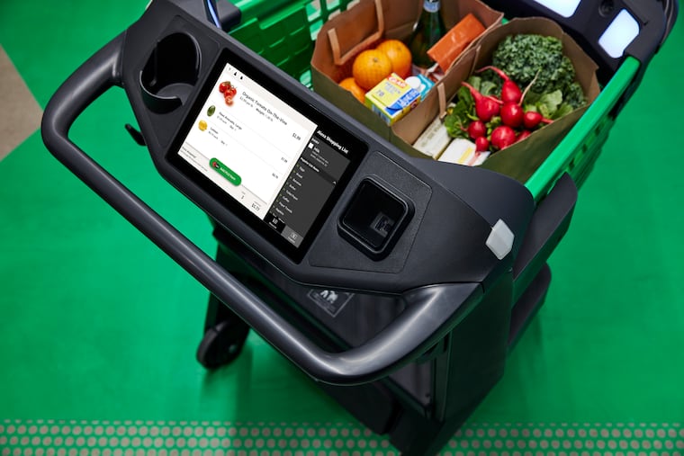 A sensor-equipped shopping cart tallies purchases and bills shoppers later through the Amazon app, eliminating the need for the traditional checkout process on limited quantities of groceries. Kroger has begun trials with another kind of smart cart.