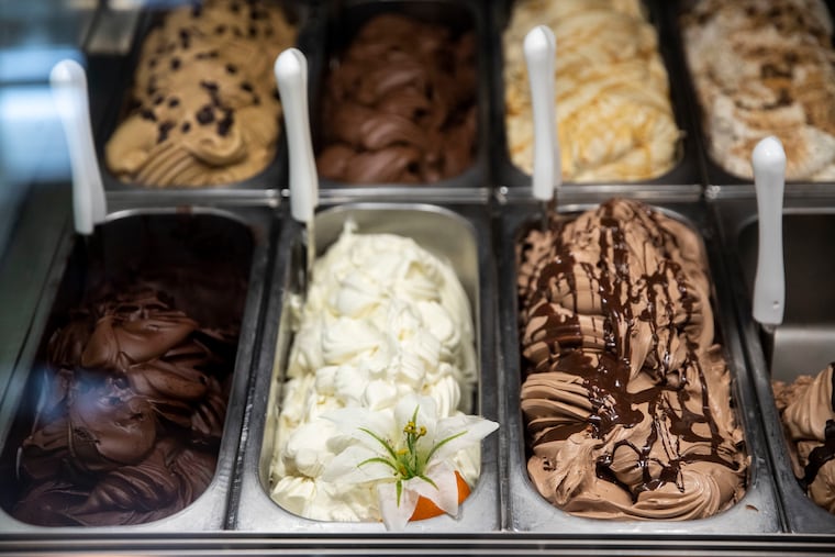 (Center) The Chinotto flower gelato at Gran Caffe L'Aquila, inspired by the Philadelphia Flower Show in Philadelphia, Pa. on Monday, February 24, 2020.