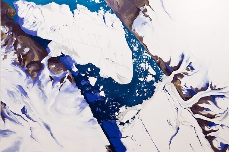 Detail from Diane Burko’s glacier painting “Petermann Calving, August 16, 2010,” at Rowan University Art Gallery
