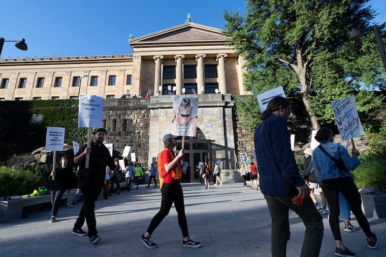 Protesters picket outside the Philadelphia Museum of Art on Tuesday. This is the first staff-wide strike in the museum's history.