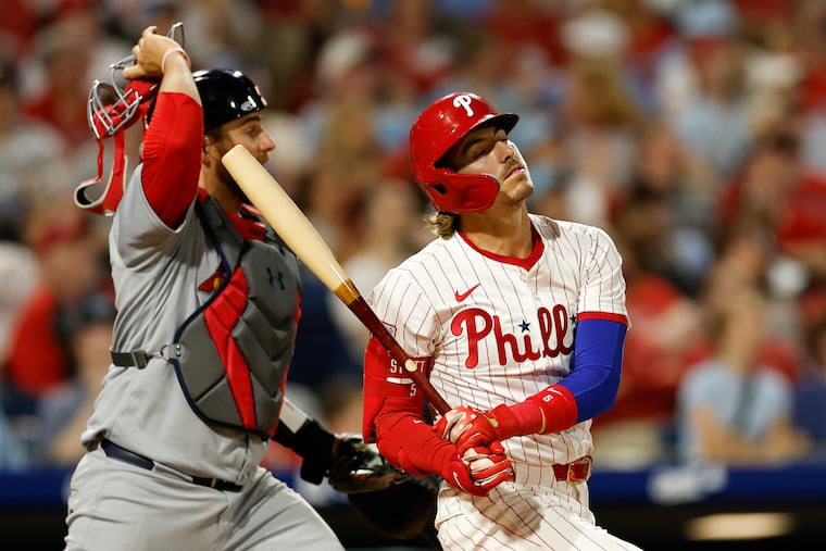 Phillies' Bryson Stott reacts after flying out to end the eighth inning of a 3-2 loss to the St. Louis Cardinals.