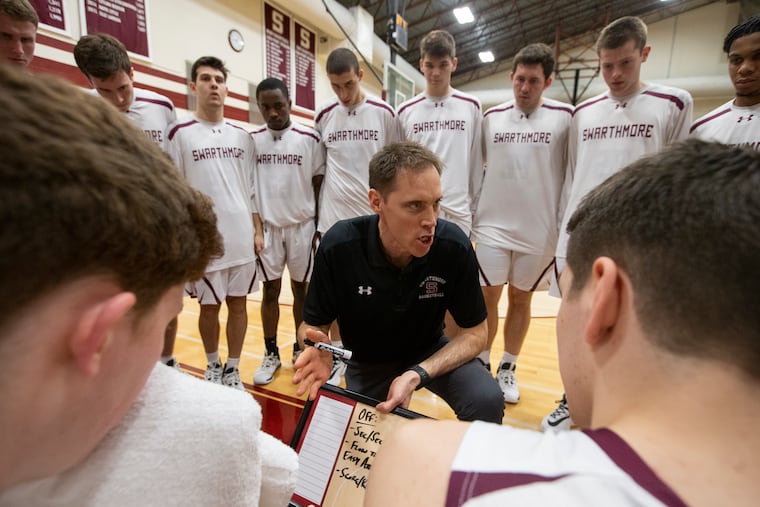 Swarthmore coach Landry Kosmalski talking to his team during a recent game against Ursinus.