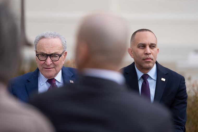 Sen. Chuck Schumer (D., N.Y.) and Rep. Hakeem Jeffries (D., N.Y.) attend a March 25 event marking the installation of a plaque commemorating Jan. 6 at the U.S. Capitol.
