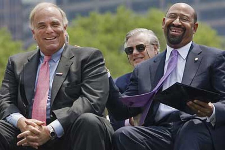Things may not be so jovial come Thursday, when local and state officials meet to discuss the future of casinos on the waterfront. Gov. Rendell and Mayor Nutter are on opposite sides of the debate. (Jessica Griffin / Daily News)