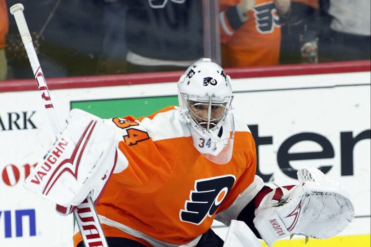 New Flyers goalie Petr Mrazek during warmups prior to the start of Tuesday’s game against Montreal. Alex Lyon got the start.