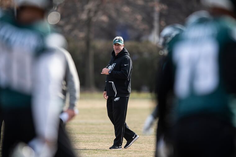 Philadelphia Eagles' Head Coach, Doug Pederson looks on during NFL football practice at the Nova Care Complex, Philadelphia. Thursday, December 13, 2018. JOSE F. MORENO / Staff Photographer