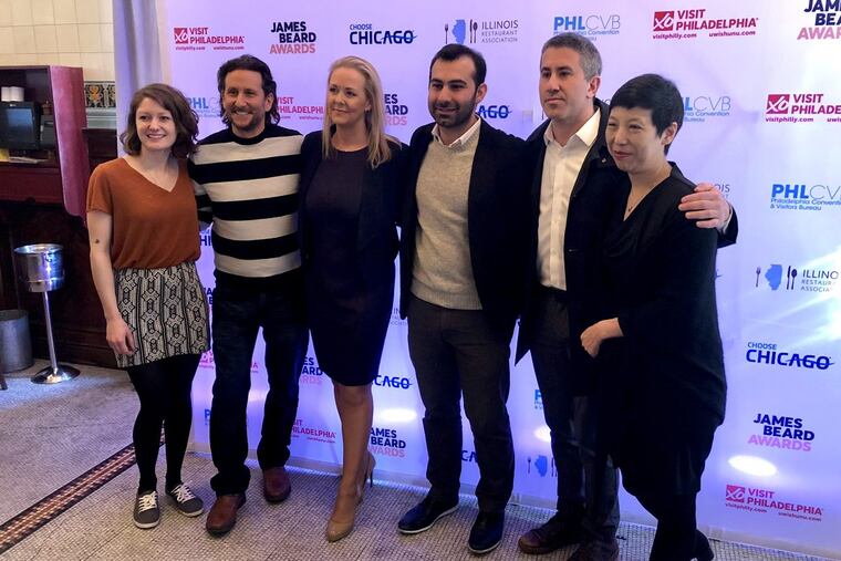 Philadelphia’s 2018 James Beard nominees (from left) Camille Cogswell, Rich Landau, the Beard Foundation’s Clare Reichenbach, Okan Yazici and Michael Solomonov of Zahav, and Ellen Yin of Fork.