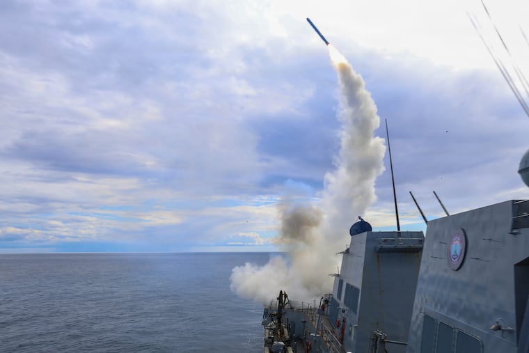This image provided by U.S. Central Command shows the Arleigh Burke-class guided-missile destroyer USS Thomas Hudner (DDG 116) firing a Tomahawk Land Attack Missile (TLAM) in support of Operation Epic Fury, on March 1, 2026.