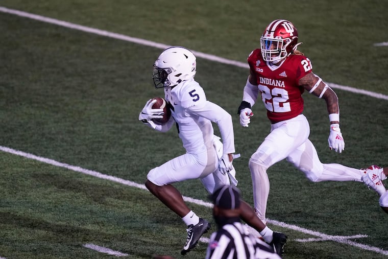 Penn State's Jahan Dotson scores on a touchdown reception against Indiana’s Jamar Johnson in the second half.