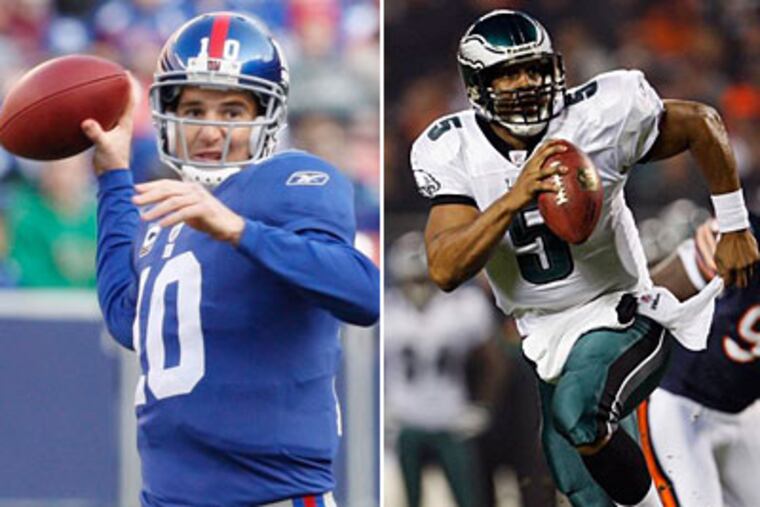 Donovan McNabb and the Eagles will go up against Eli Manning and the Giants on Sunday night at Giants Stadium. (AP file photos)