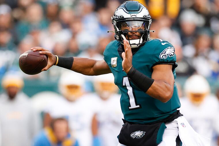 Eagles quarterback Jalen Hurts throws the football against the Los Angeles Chargers on Sunday, November 7, 2021 in Philadelphia.