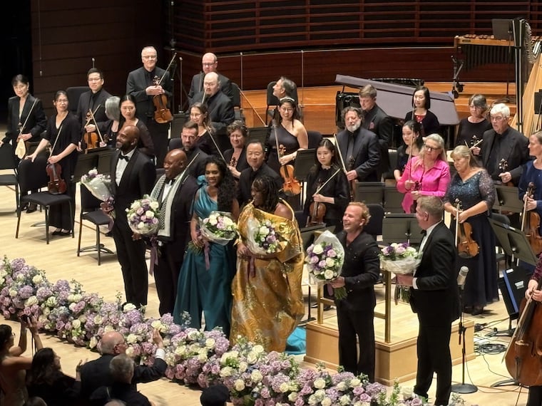 At opening night of the Philadelphia Orchestra's 2026-27 season in Marian Anderson Hall, performers take bows after Beethoven's Symphony No. 9. From left, bass-baritone Ryan Speedo Green, tenor Issachah Savage, mezzo-soprano J'Nai Bridges, soprano Leah Hawkins, conductor Yannick Nezet-Seguin and Philadelphia Symphonic Choir artistic director Joe Miller.